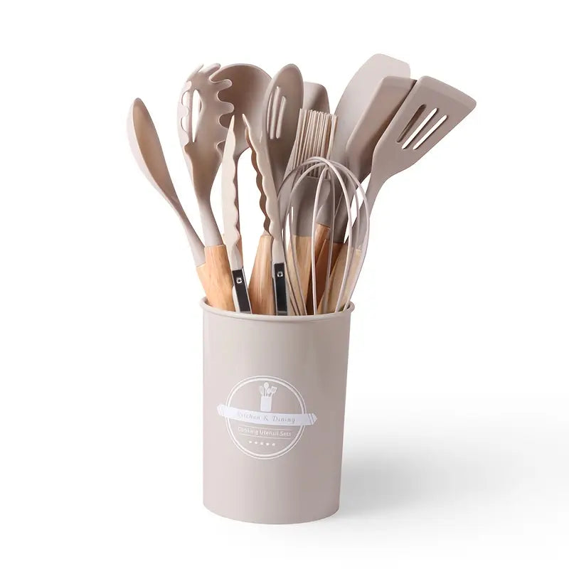 12pcs Non-Stick Silicone Kitchen Utensil Set with Wooden Handles