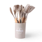 12pcs Non-Stick Silicone Kitchen Utensil Set with Wooden Handles