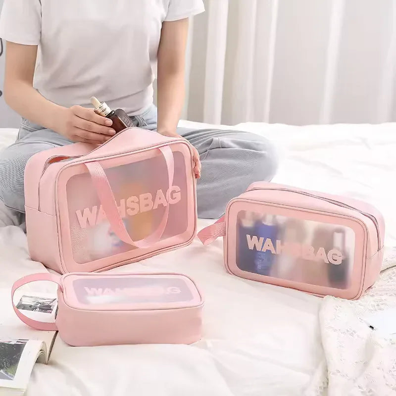 3-Piece Clear Travel Toiletry Bag Set – PVC Waterproof Makeup Pouch (Random Color Set)