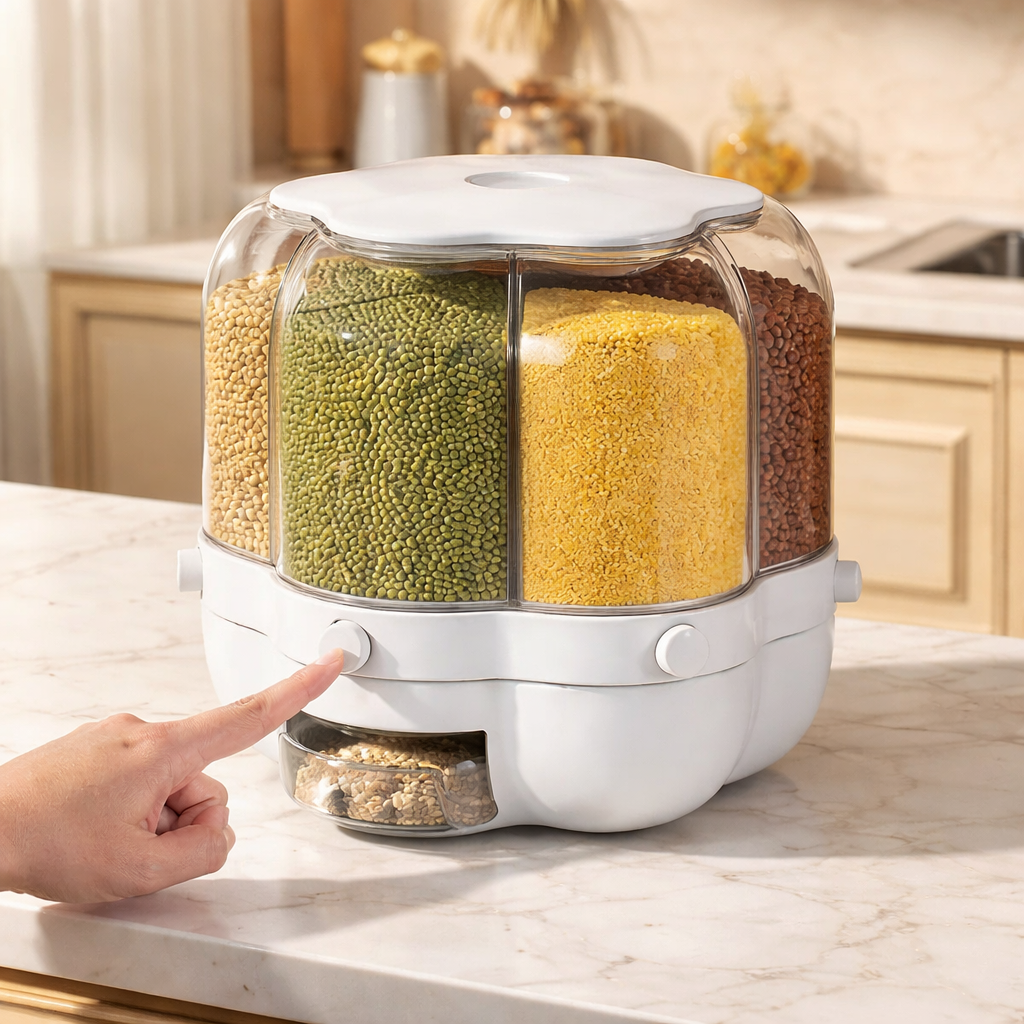 Rotating Rice Dispenser – 360° Grain Storage Organizer