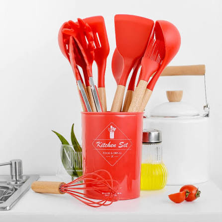12pcs Non-Stick Silicone Kitchen Utensil Set with Wooden Handles
