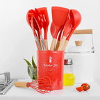 12pcs Non-Stick Silicone Kitchen Utensil Set with Wooden Handles