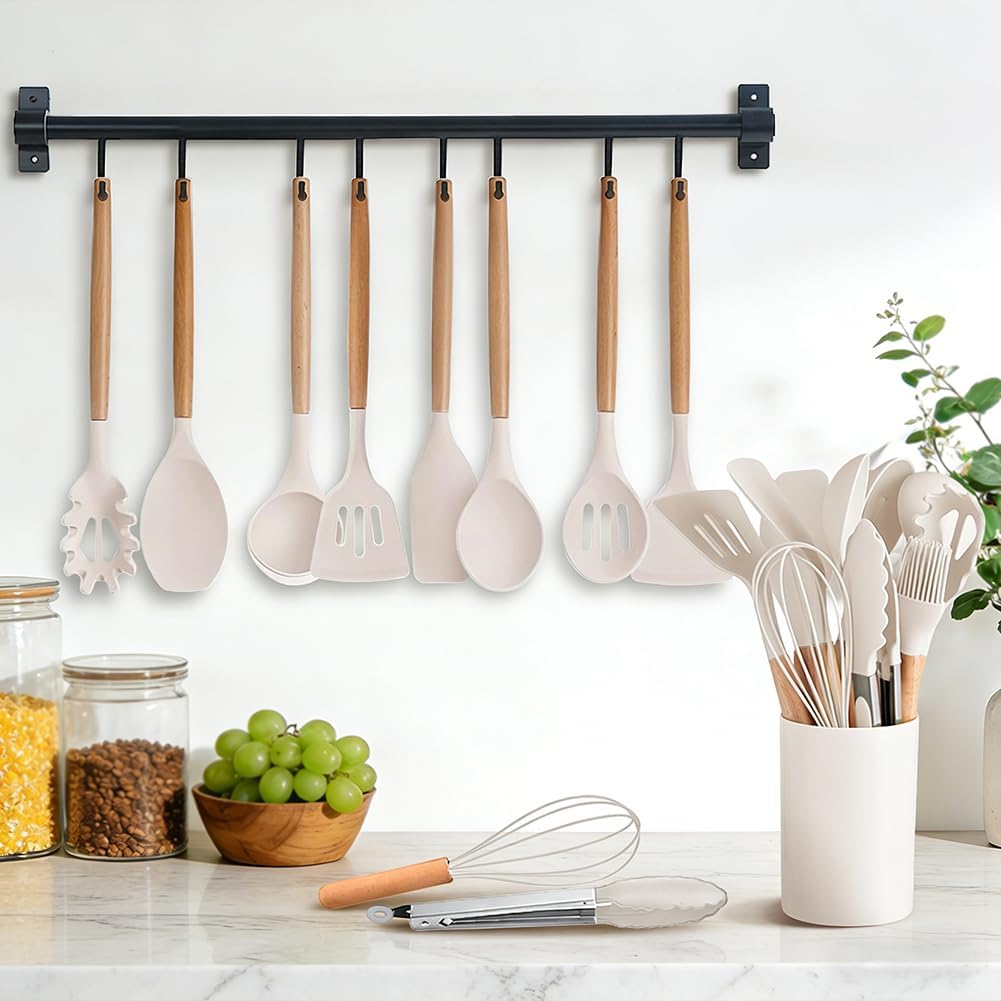 12pcs Non-Stick Silicone Kitchen Utensil Set with Wooden Handles