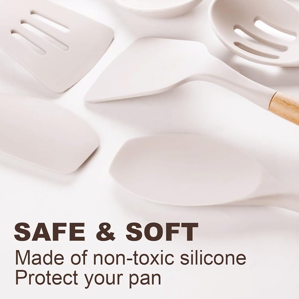 12pcs Non-Stick Silicone Kitchen Utensil Set with Wooden Handles
